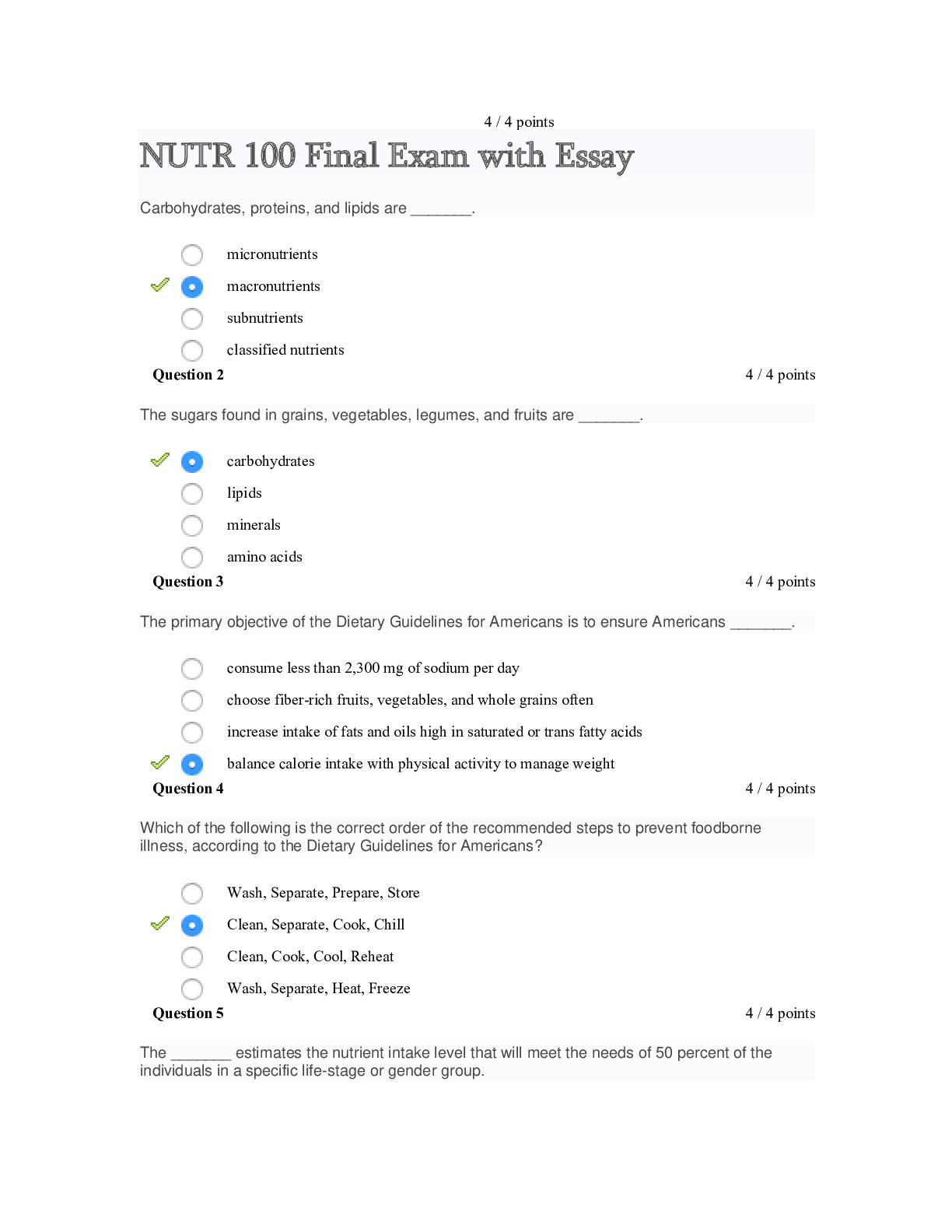 Preview image of NUTR 100 Final Exam with Essay (Latest Solution) document